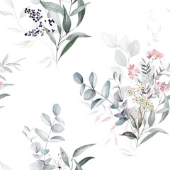 Plakat Watercolor floral seamless pattern on white background - green leaves, pink peach blush white flowers, leaf branches. Wedding invitations, wallpapers, fashion, prints, fabric. Eucalyptus, rose, peony.
