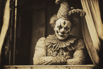 Sad clown in a vintage circus, generative ai