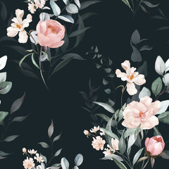Watercolor floral seamless pattern on black background - green leaves, pink peach blush white flowers, leaf branches. Wedding invitations, wallpapers, fashion, prints, fabric. Eucalyptus, rose, peony.