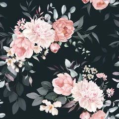 Fototapeten Watercolor floral seamless pattern on black background - green leaves, pink peach blush white flowers, leaf branches. Wedding invitations, wallpapers, fashion, prints, fabric. Eucalyptus, rose, peony. © Veris Studio
