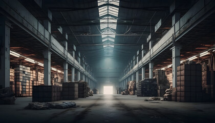 Huge distribution warehouse with high shelves and loaders. Bottom view