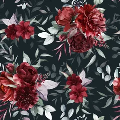 Poster Watercolor floral seamless pattern on black background, green leaves, burgundy maroon scarlet pink peach blush white flowers leaf branches. Wedding invitations stationery fashion prints. Eucalyptus. © Veris Studio