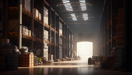 Obraz na płótnie Canvas Huge distribution warehouse with high shelves and loaders. Bottom view