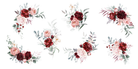 Watercolor floral wreath border bouquet frame collection set green leaves burgundy maroon scarlet pink peach blush white flowers leaf branches. Wedding invitations stationery wallpapers fashion prints - 576157290