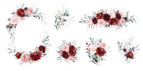 Watercolor floral wreath border bouquet frame collection set green leaves burgundy maroon scarlet pink peach blush white flowers leaf branches. Wedding invitations stationery wallpapers fashion prints - 576157294