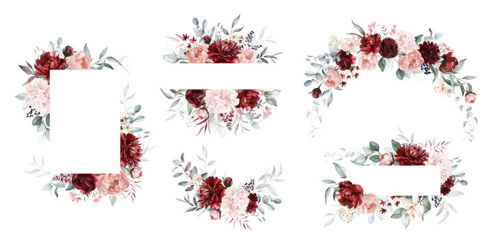 Watercolor floral wreath border bouquet frame collection set green leaves burgundy maroon scarlet pink peach blush white flowers leaf branches. Wedding invitations stationery wallpapers fashion prints