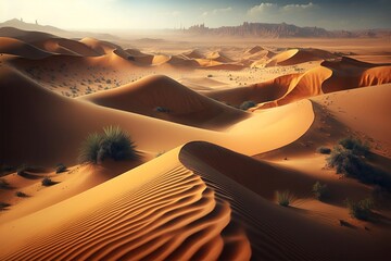 Beautiful desert dune sunset background. Generative ai - obrazy, fototapety, plakaty