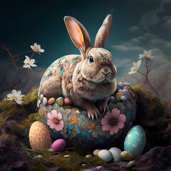 Adorable Bunny With Easter Eggs In Flowery Meadow. Generative AI