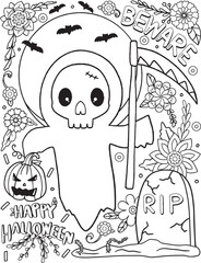 Happy Halloween with flower, skeleton, bat and pumpkins elements. Grim reaper Hand drawn lines.
Doodles art for greeting cards, invitation or poster. Coloring book for adult and kids. 
