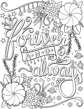 Hand drawn with inspiration word. Forever and always font with heart and flowers element for Valentine's day or Greeting Cards. Coloring for adult and kids. Vector Illustration.
