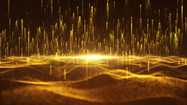 Gold Wave Particle Stripes, Golden wave particle flow, aesthetic particle line rise, Oscar nomination, background video of luxury awards ceremony.