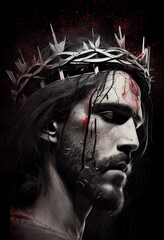 Jesus Christ wearing a crown of thorns in oil painting style, generative AI
