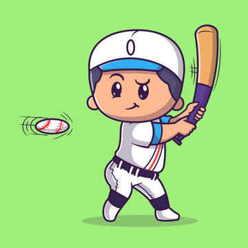 Cute Boy Playing Baseball Cartoon Vector Icon Illustration. People Sport Icon Concept Isolated Premium Vector. Flat Cartoon Style