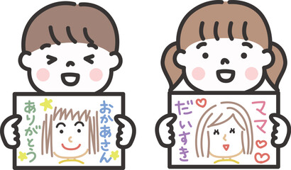 母の日にお母さんの似顔絵を贈る子どもたちのイラストレーション