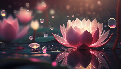 Pink lotus flower on water created with AI - obrazy, fototapety, plakaty