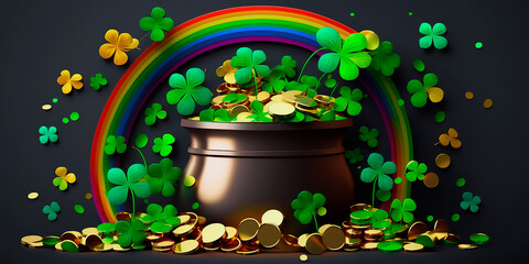 Pot with gold coins, clover leaves and beautiful rainbow, St. Patrick's Day. Generative AI 