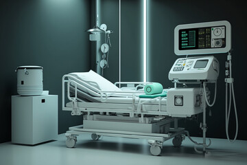 Modern Clinic Emergency Room: 3D Illustration of Empty Hospital Beds, Nurses Station, and Medical Equipment with No People