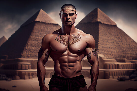 a warrior standing with pyramid background 