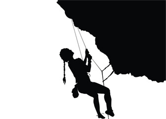 Woman Hanging On Cliff Silhouette. High quality vector illustration