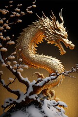 Fototapeta na wymiar golden dragon statue sitting on top of a snow covered tree. generative ai.
