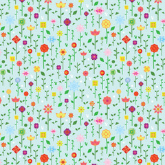 Vector. Seamless pattern of flowers on pastel background.  Geometrical shapes used to form each flower. Floral background.