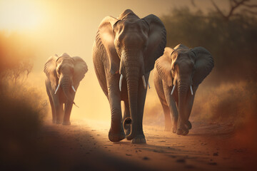 Fototapeta na wymiar A group of elephants walking down a dirt road, Generative AI