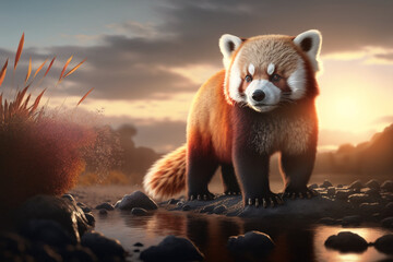 A portrait of a red panda on rocks in front of a sunset, Generative AI