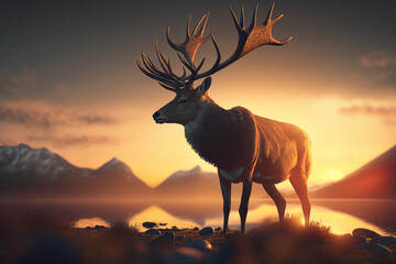 A portrait of a deer standing in front of a sunset, Generative AI
