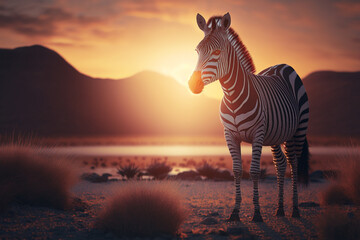 A portrait of a zebra in a field standing in front of a sunset, Generative AI