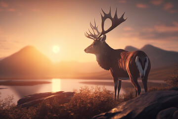 A portrait of a deer standing in front of a sunset, Generative AI