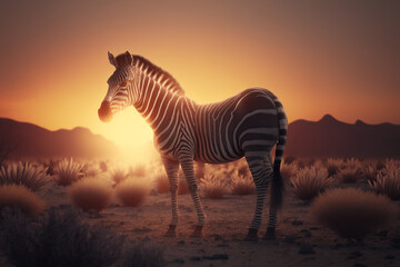 Fototapeta na wymiar A portrait of a zebra in a field standing in front of a sunset, Generative AI