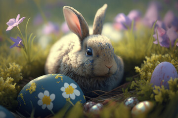 A rabbit is sitting in the grass with some eggs, an easter day concept illustration, Generative AI