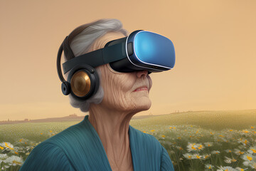 Fototapeta premium Elderly woman in VR goggle against background of a field with daisies. Portrait of pensioner in virtual reality glasses. Concept of artificial reality, Generative AI
