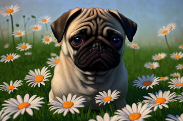 Cute pug puppy on green lawn with daisies. Sweet dog on green grass with wild flowers, chamomiles. Generative AI.