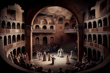 performance of the romeo juliet in italian play at the cormessco theater - obrazy, fototapety, plakaty