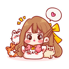 Cute girl with cat cartoon character hand draw art illustration