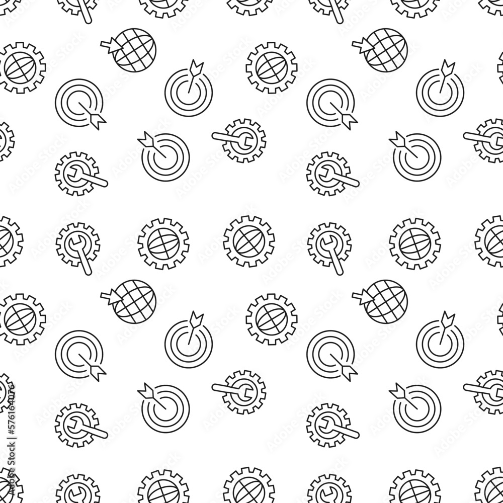 Poster vector seamless pattern of arrow, gear, globe on white background. it can be used for printing on va