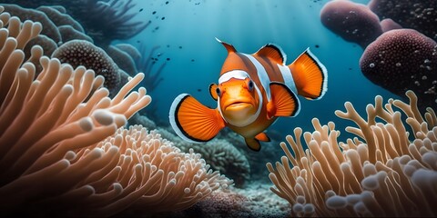 Naklejka na ściany i meble The Beauty of Marine Life: Clownfish in their Natural Habitat. Generative AI