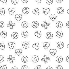 Vector seamless pattern of medical tape, cross, blood on white background. It can be used for printing on various surfaces