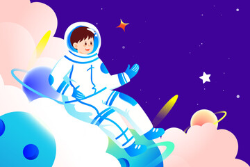 World Space Day, Astronaut travels in space with planet and universe in the background, vector illustration
