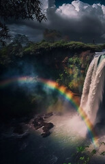 Beautiful Waterfall with Rainbow on Tropical Island Generative AI