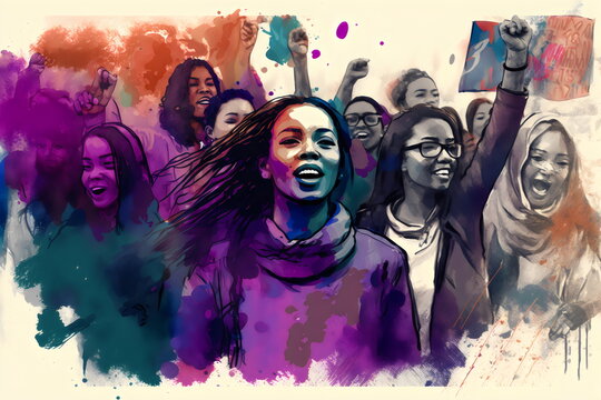 grunge painting of diverse women with raised fists protesting, made with generative ai	