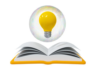 3d education concept. Study for knowledge. self-learning concept. Light bulb in bubbles floating on top of a book. 3d rendering illustration.