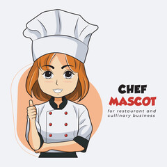 Mascot logo design. Chef woman smile and make thumbs up good vector illustration
