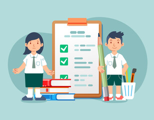 Kids Girl boy student with giant pencil near pencil marked checklist on clipboard paper Successful completion study tasks Flat vector illustration