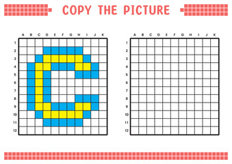 Copy the picture, complete the grid image. Educational worksheets drawing with squares, coloring cell areas. Preschool activities, children's games. Cartoon vector illustration, pixel art. Letter C.
