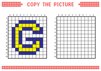 Copy the picture, complete the grid image. Educational worksheets drawing with squares, coloring cell areas. Preschool activities, children's games. Cartoon vector illustration, pixel art. Letter G.