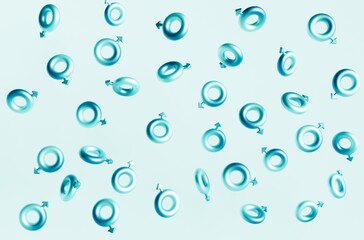 3d render, 3d rendering, man masculine symbols on blue background, a lot of male signs