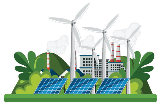 recommend clip art: Green energy concept with solar panels and wind turbines
