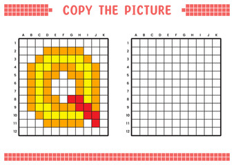 Copy the picture, complete the grid image. Educational worksheets drawing with squares, coloring cell areas. Preschool activities, children's games. Cartoon vector illustration, pixel art. Letter Q.